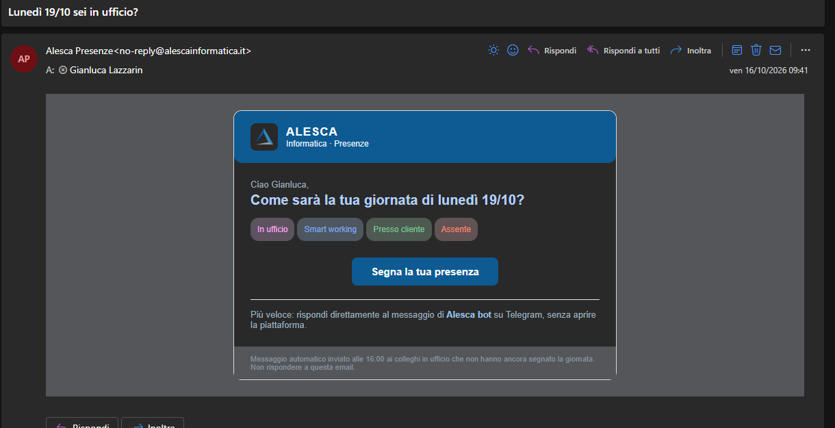 Email delle 16: come sarà la tua giornata di lunedì 19/10, con il pulsante Segna la tua presenza