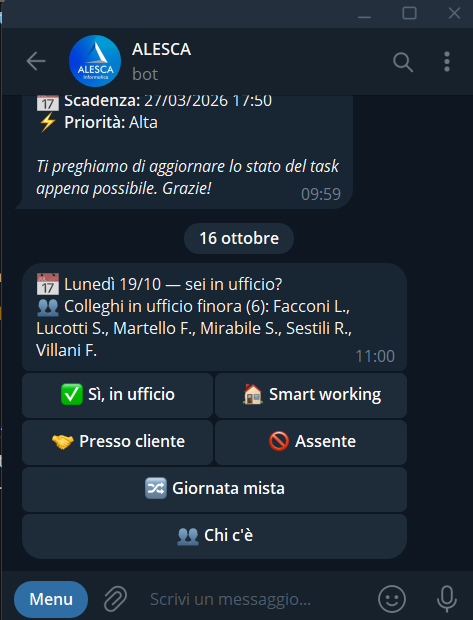 Domanda delle 16 su Telegram con i colleghi già in ufficio e i pulsanti di risposta