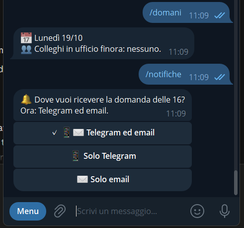 Risposta a /domani e scelta del canale con /notifiche