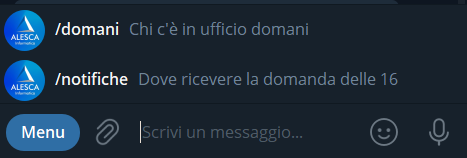 Menu dei comandi del bot: /domani e /notifiche